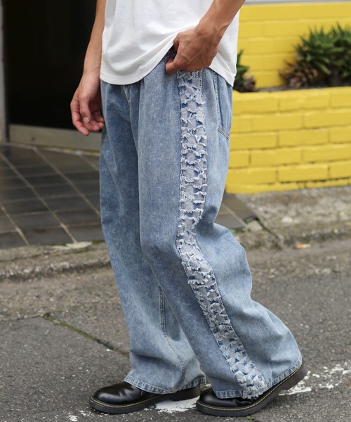 ジーンズ チェック柄フリンジサイドライン ケミカルウォッシュデニム  