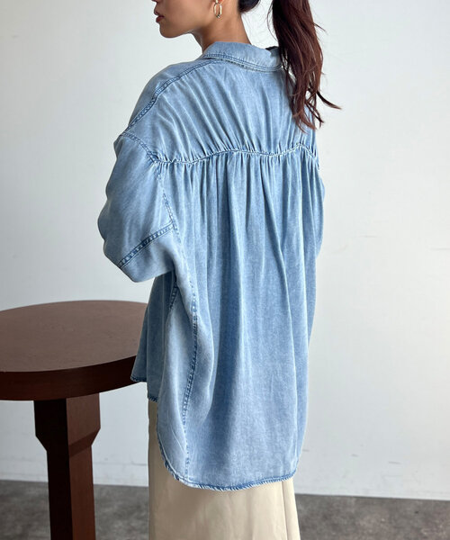 ブラウス シャツ BACKギャザーパウダー加工デニムシャツ レディース Chez toi ブラウス シャツ BACKギャザーパウダー加工デニム