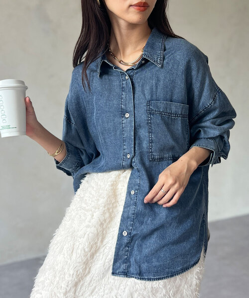 Chez toi ブラウス シャツ BACKギャザーパウダー加工デニム