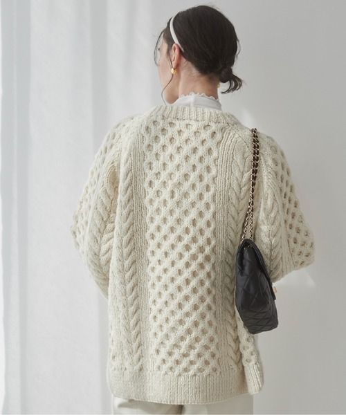 美品✨45R ケーブルニット　ウール　カーディガンコート　大きいサイズ　ベージュ ANGIE カーディガン 「ウール100％」ケーブルニット / アウター