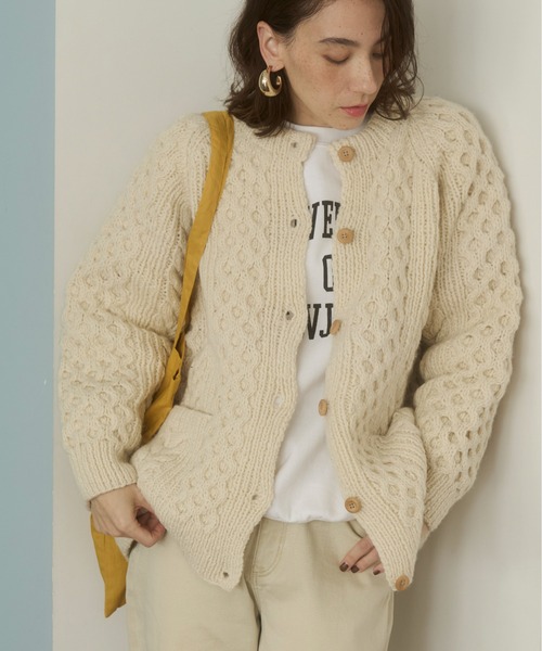 ANGIE カーディガン 「ウール100％」ケーブルニット カーディガン