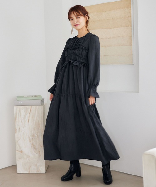 【大人カジュアル】WHISTLES / シャーリング ミディドレス mysty woman ドレス 「オケージョン」シャーリングワンピース