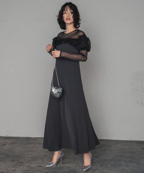 フリル付き黒　オケージョンドレス GIRL DRESS FOR NOW ドレス チュールフリル フレア ロング 結婚式