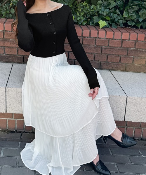 JUNOAH（ジュノア） ワンピース セミオフショルニットカーデ＋プリーツ