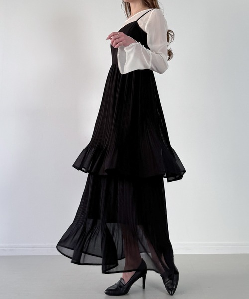 JUNOAH（ジュノア） ワンピース セミオフショルニットカーデ＋プリーツ