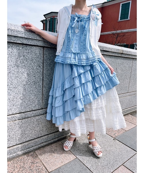 【タグ付き未使用】ピンクハウス　ダンガリー✕ローンフリルスカート タグ付き未使用】ピンクハウス ダンガリー✕ローンフリルスカート