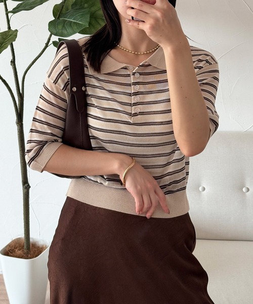 MUHET（ミュエータ） ポロシャツ ポロ sheer striped polo knit