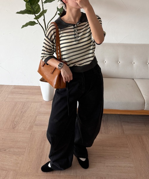 MUHET（ミュエータ） ポロシャツ ポロ sheer striped polo knit