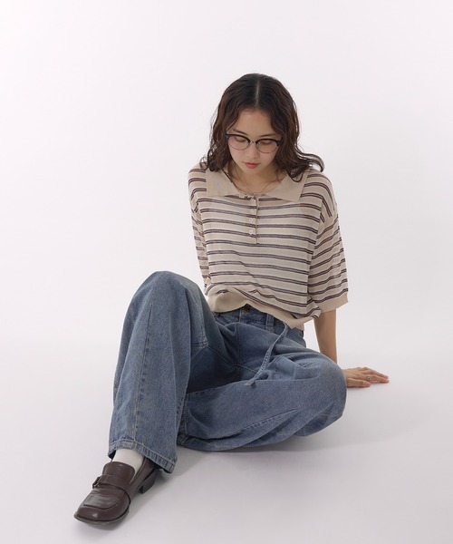 MUHET（ミュエータ） ポロシャツ ポロ sheer striped polo knit