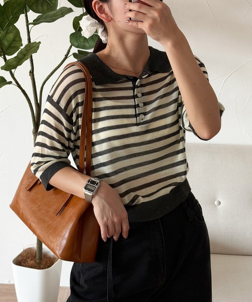 MUHET（ミュエータ） ポロシャツ ポロ sheer striped polo knit