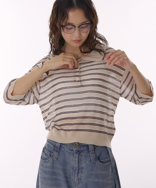 MUHET（ミュエータ） ポロシャツ ポロ sheer striped polo knit
