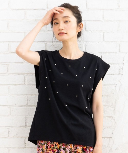 tシャツ パールデコレートノースリーブカットソー レディース