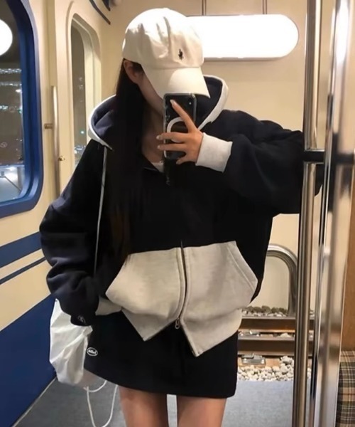 パーカー 「再入荷」バイカラーオーバーサイズダブルZIPパーカー