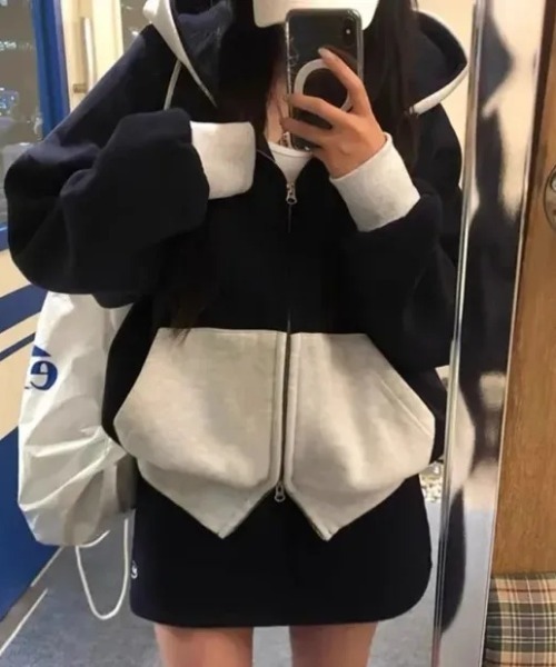 パーカー 「再入荷」バイカラーオーバーサイズダブルZIPパーカー