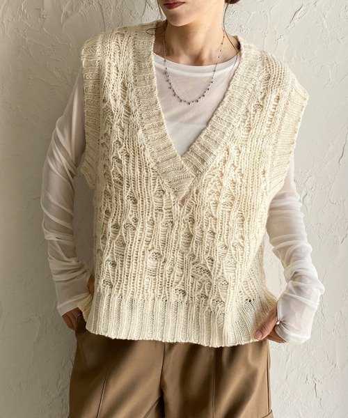 She's Closet ベスト ジレ 深Vネックケーブル編み風ざっくりニット