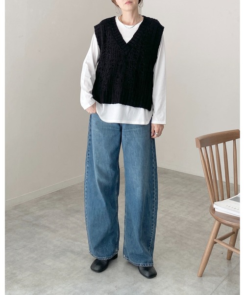 She's Closet ベスト ジレ 深Vネックケーブル編み風ざっくりニット