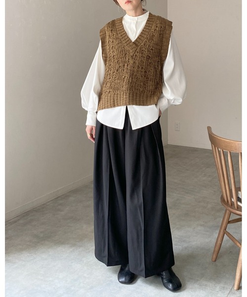 She's Closet ベスト ジレ 深Vネックケーブル編み風ざっくりニット