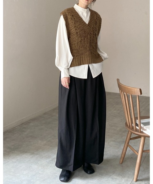 She's Closet ベスト ジレ 深Vネックケーブル編み風ざっくりニット