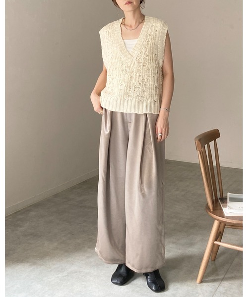 She's Closet ベスト ジレ 深Vネックケーブル編み風ざっくりニット