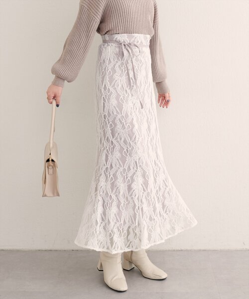 natural couture スカート 長さ変えられるフラワーレーススカート