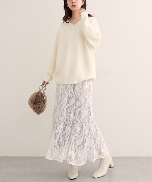 natural couture ロング スカート 長さ変えられるフラワーレース