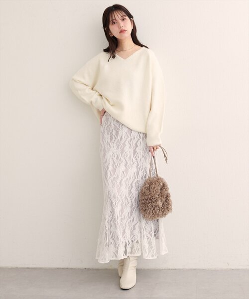 natural couture ロング スカート 長さ変えられるフラワーレース