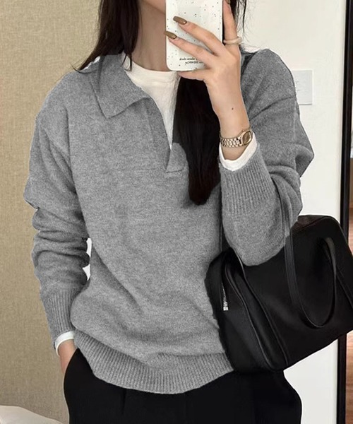 STONE  ウールニット ポロセーター 長袖 ワッペン付　ブラック STONE ウールニット ポロセーター 長袖 ワッペン付 ブラック STONE