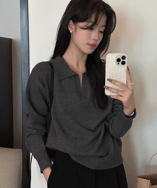 STONE  ウールニット ポロセーター 長袖 ワッペン付　ブラック STONE ウールニット ポロセーター 長袖 ワッペン付 ブラック STONE