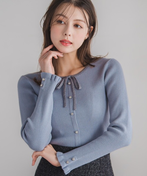 新品Misch Masch 水色グレー 長袖ニット リボン付きグレーリブ編み MISCH MASCH（ミッシュマッシュ） ニット セーター 肩開きリボンニット