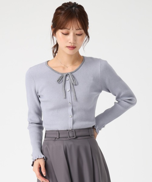 新品Misch Masch 水色グレー 長袖ニット リボン付きグレーリブ編み MISCH MASCH（ミッシュマッシュ） ニット セーター リボン編み上げ2way