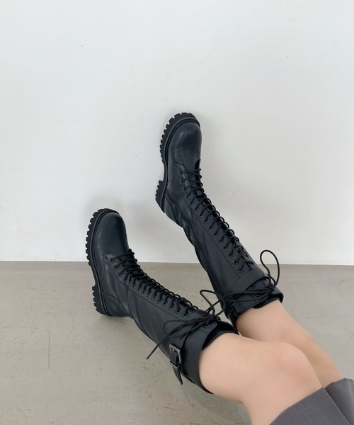 オリエンタルトラフィック（ORiental TRaffic）/ストレッチ素材で柔らかい【25秋冬新作】サイドベルト レースアップ ロングブーツ /55501 ORiental TRaffic（オリエンタルトラフィック） ブーツ ＼ あったか