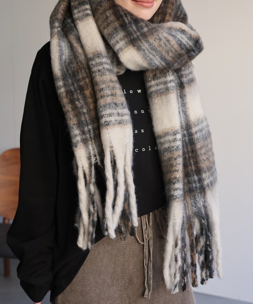 ap retro マフラー ストール チェック大判フリンジマフラー レディース