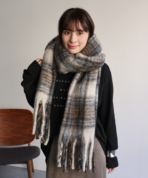 ap retro マフラー ストール チェック大判フリンジマフラー レディース