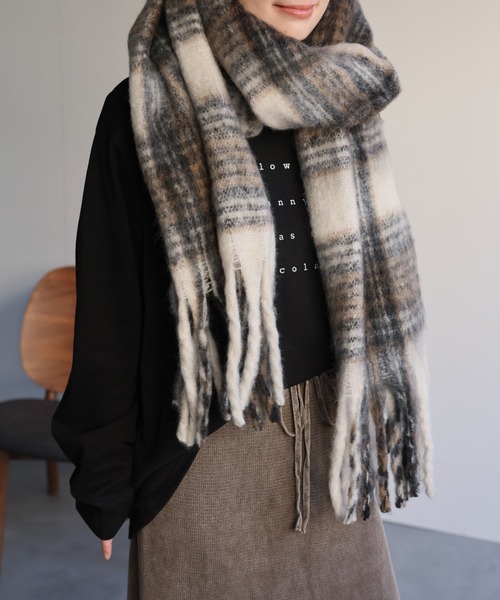 ap retro マフラー ストール チェック大判フリンジマフラー レディース
