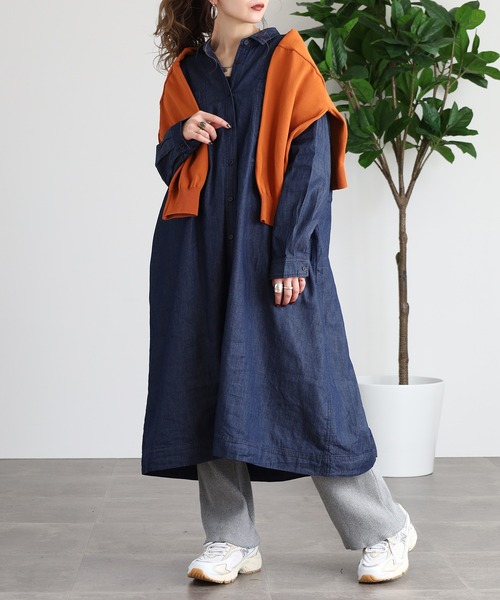 【美品】プラスオトハ PLUS OTO.HA ウエストドロストデニムシャツワンピ FUNALIVE（ファンアライブ） シャツワンピース ウエストドロストデニム