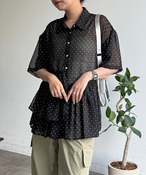 ブラウス シャツ フリル半袖チュニックシャツ レディースの画像