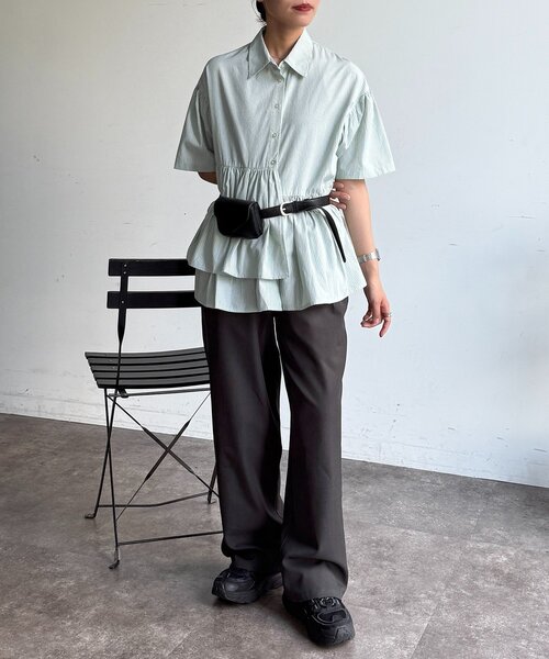 ブラウス シャツ フリル半袖チュニックシャツ レディースの画像
