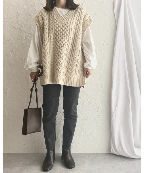 She's Closet ベスト ジレ オーバーサイズ Vネック ケーブル アラン