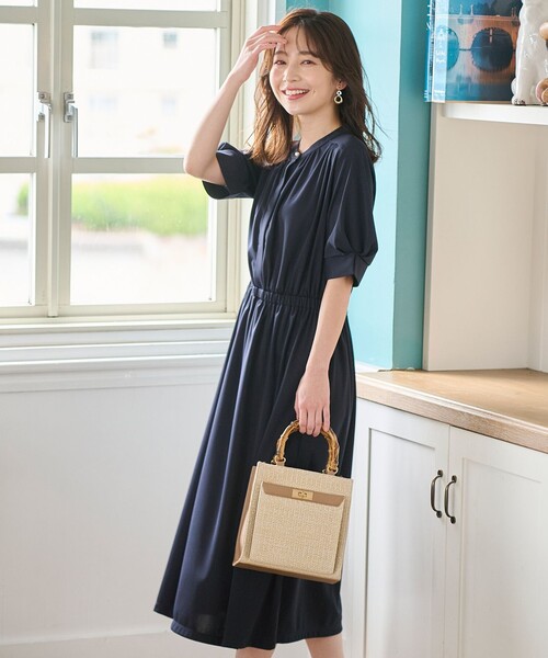 ANY SIS ネイビー 半袖 プリーツ ロングワンピース ANY SIS（エニィスィス） ワンピース 半袖 「接触冷感・吸水速乾・UV