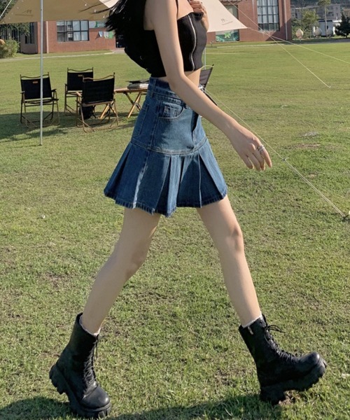 ALMO スカート ベルト付き デニムプリーツミニスカート(BL) : ZOZOTOWN