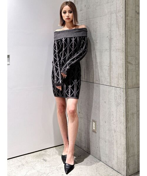 GYDAオフショルタイトニットワンピース(ブラック) GYDA ワンピース オフショルケーブルタイトニットワンピース