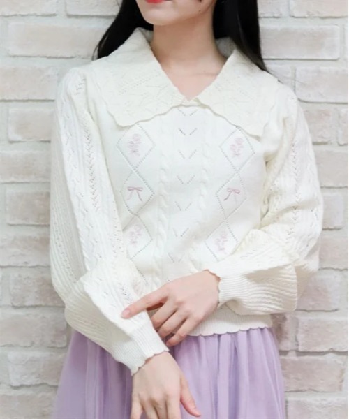 ニット セーター ブーケ刺繍ビッグ襟ニットプルオーバー レディース