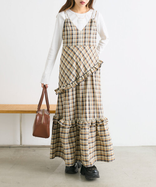 w closet ワンピース 「3色展開」アシメティアードチェック