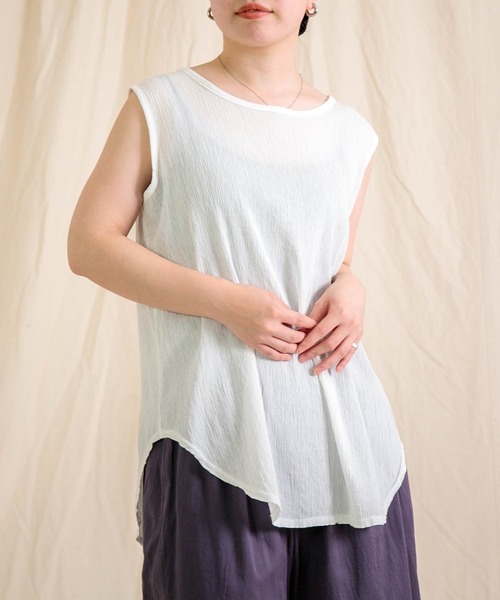 tシャツ 「prit」  クレープロッキーバル ラウンドヘムノースリーブ レディース