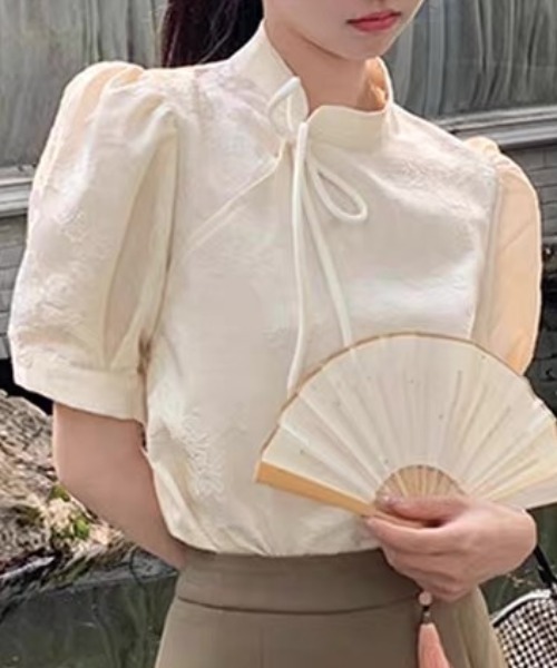 ブラウス シャツ Sequinned ribbon blouse レディース CELENA BEATS ブラウス シャツ チャイナデザイン リボン付き