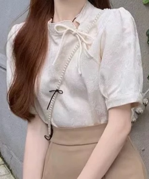 ブラウス シャツ Sequinned ribbon blouse レディース CELENA BEATS ブラウス シャツ チャイナデザイン リボン付き