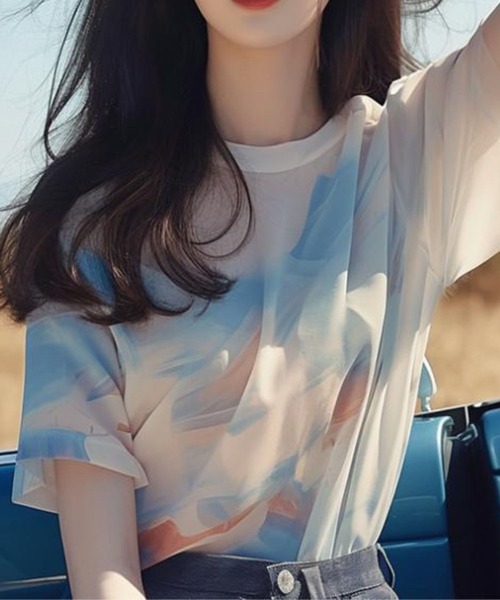 tシャツ ムラプリント半袖トップス レディース