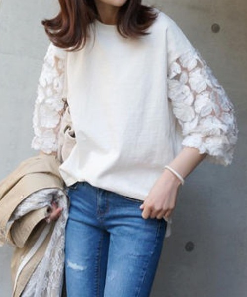 tシャツ 袖カットボイルジャガードトップス レディース