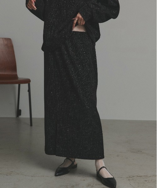 セットアップ ラメモール ボートネック プルオーバー  ナロースカート セットアップ レディース