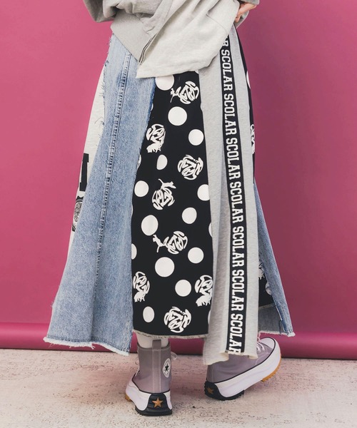 ScoLar デニムスカート 153717：スカラーリメイク風 異素材切替デニム